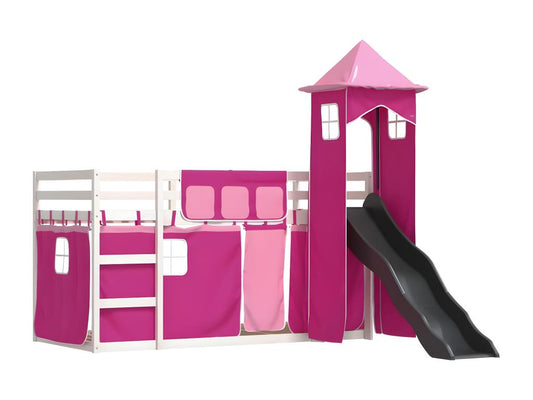 Bunk bed with slide and pink curtains 80x200 cm