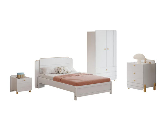 Bed set with bedside table 90x200 cm Slatted base Chest of drawers Wardrobe - Pine plywood MDF - White VRMJ57279