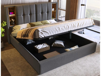 Upholstered storage bed 180x200 cm - with wireless charging and storage headboard - cotton fabric - Grey