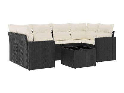 7-piece garden furniture set with cushions, black woven resin