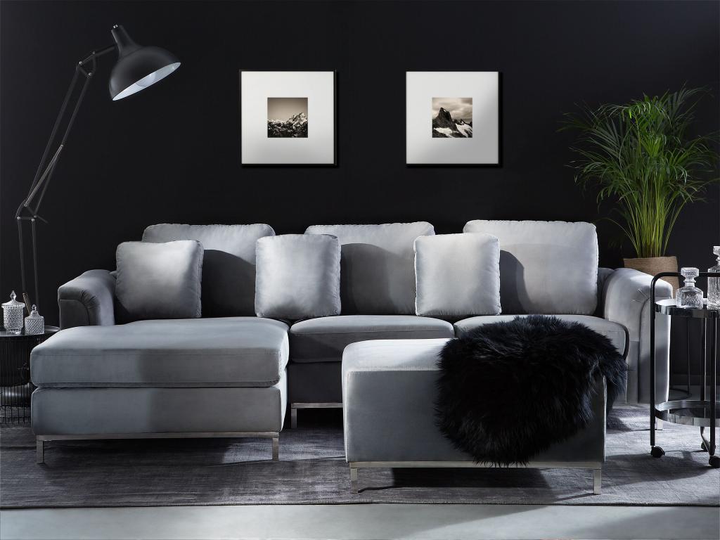 Left-hand corner sofa in grey velvet and ottoman with removable covers.
