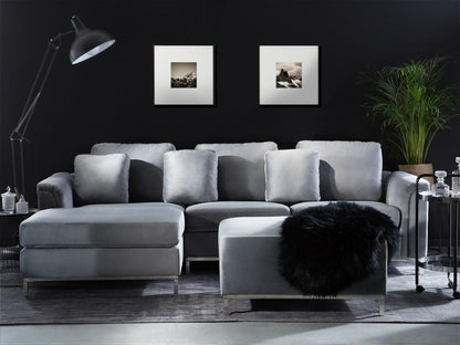 Left-hand corner sofa in grey velvet and ottoman with removable covers.