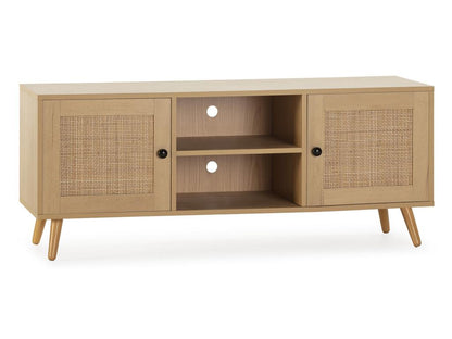 Meublori 2-Door TV Stand in Oak Finish with Natural Rattan