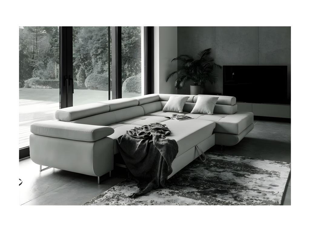 Luxury 5-seater convertible corner sofa in Meublori fabric, grey, right-hand corner