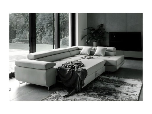 Luxury 5-seater convertible corner sofa in Meublori fabric, grey, right-hand corner