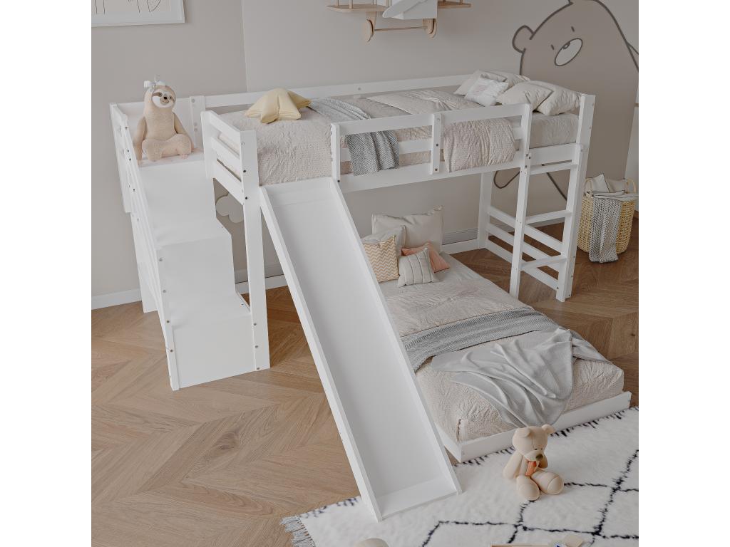 Solid wood bunk bed - 90x200cm - with guardrail, ladder and slide - White