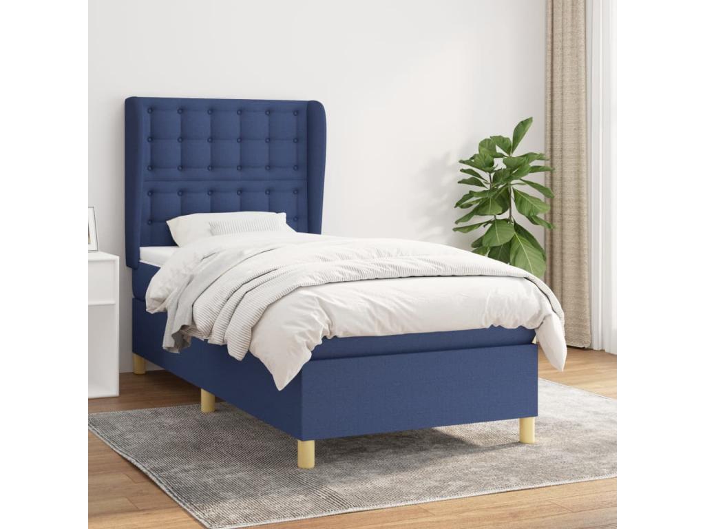 Upholstered bed base with mattress, blue, 90x200 cm, fabric
