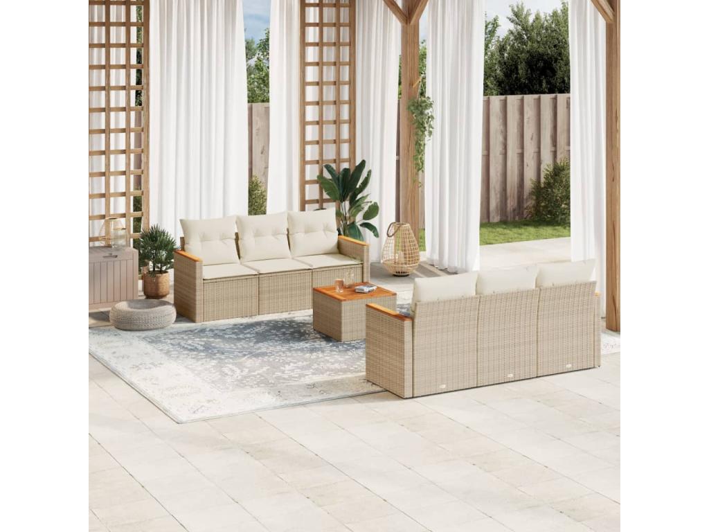 7-piece garden furniture set with cushions, beige woven resin