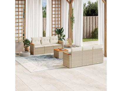 7-piece garden furniture set with cushions, beige woven resin