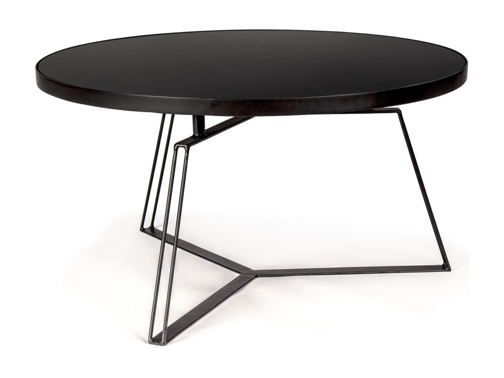 Meublori round glass coffee table with black steel legs, 70cm long