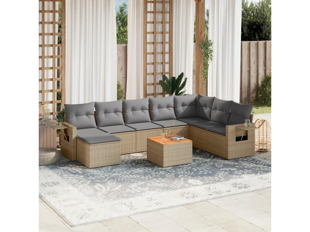 9-piece garden furniture set with cushions, beige woven resin ZYDT50004