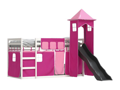 Bunk bed with slide and pink curtains 80x200 cm