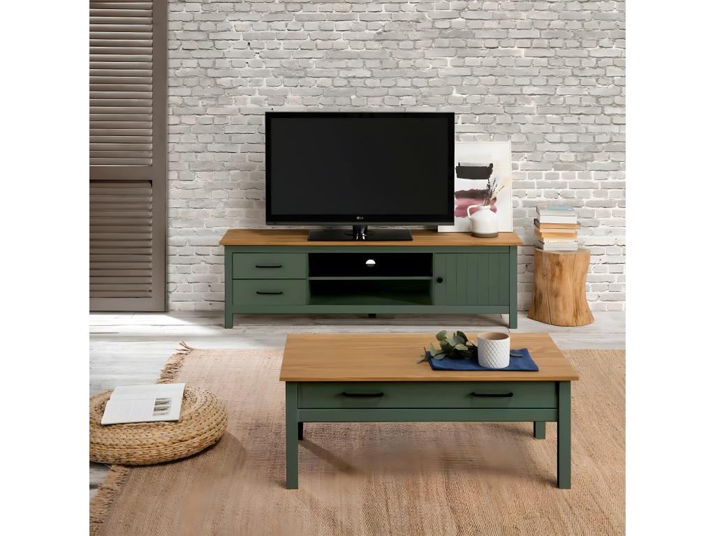 Meublori - TV Stand with 1 Door and 2 Drawers, Waxed Wood and Green