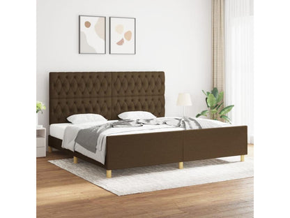 Bed frame without mattress, with dark brown fabric headboard