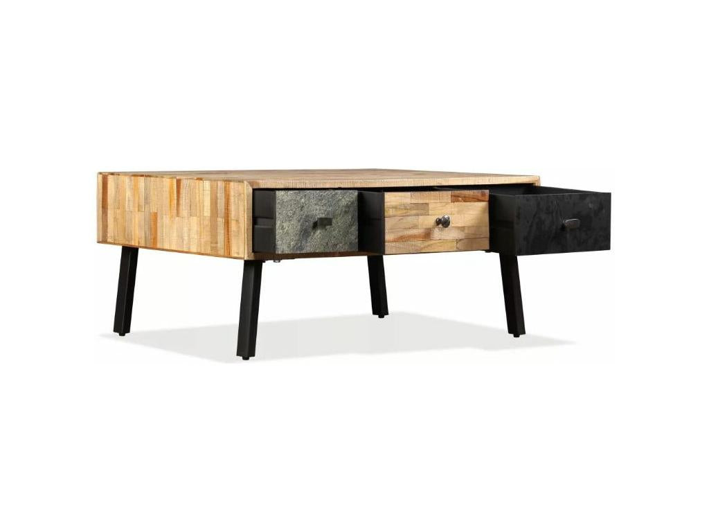 Coffee table with 3 drawers in recycled teak and black metal legs by Voust