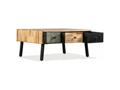 Coffee table with 3 drawers in recycled teak and black metal legs by Voust