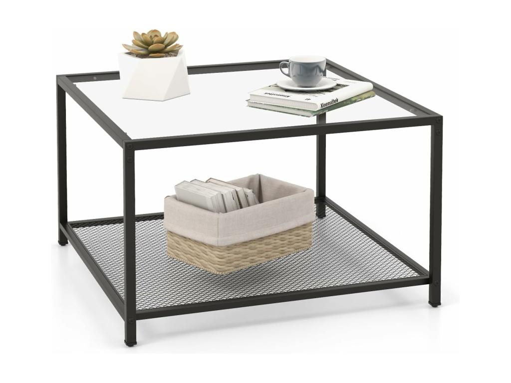 Square glass coffee table with shelf by Meublori, 70x70x45 cm, transparent