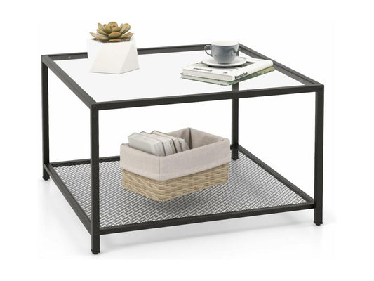 Square glass coffee table with shelf by Meublori, 70x70x45 cm, transparent