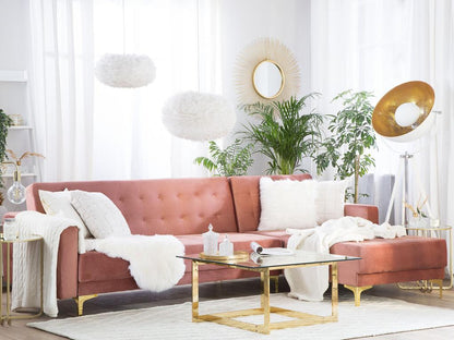 Right-hand corner sofa in elegant pink velvet, 4-seater, adjustable backrest, Meublori